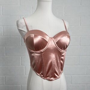 Blush Satin Corset Bustier Top • Structured Boned Crop • NWT L
